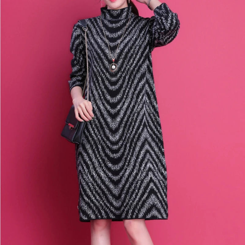 Women Fashion Elegant Striped Fleece Thick Basic Midi Dress Casual Half High Collar Long Sleeve Loose Dresses