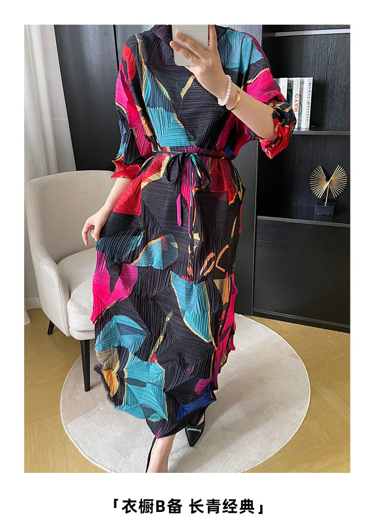 Miyake Pleated Autumn New Print Diamond Pleated Dress Women's 3/4 Sleeve Lace Up Loose Straight Length Dress