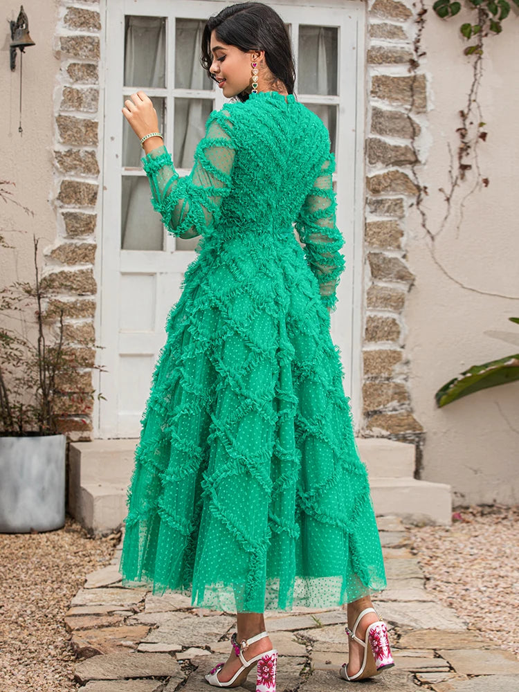 LD LINDA DELLA Fashion Runway Summer Dresses Women Long Sleeve Polka dot Mesh Green Elegant Long Party Dress