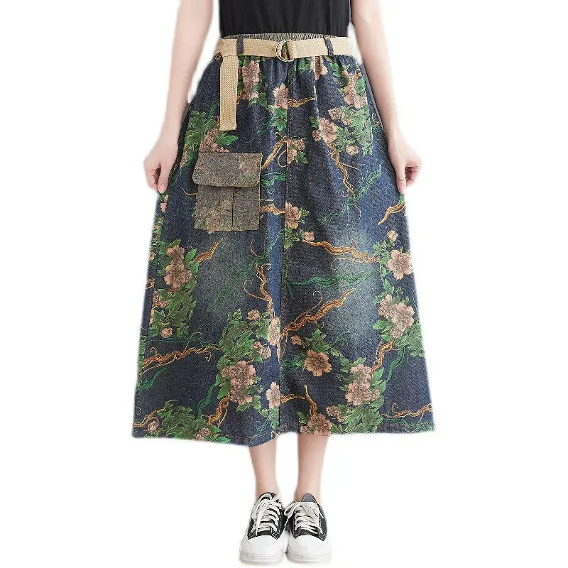 Large Pocket Print Washed Denim Skirt Spring Summer Women's High Waist Mid Length A-Line Jeans Saia Vintage Falda h686