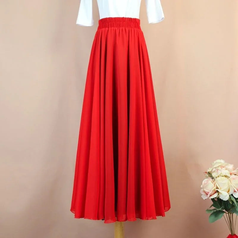 Women Chiffon Long Skirt A-Line Skirts Women Elastic High Waist Maxi Skirts Elegant Solid Skirts