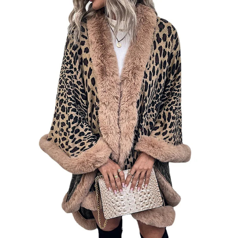 WeHello - Autumn/Winter New Ethnic Style Fur Collar Cape Cardigan Fashion Leopard Pattern Shawl Sweater for Women