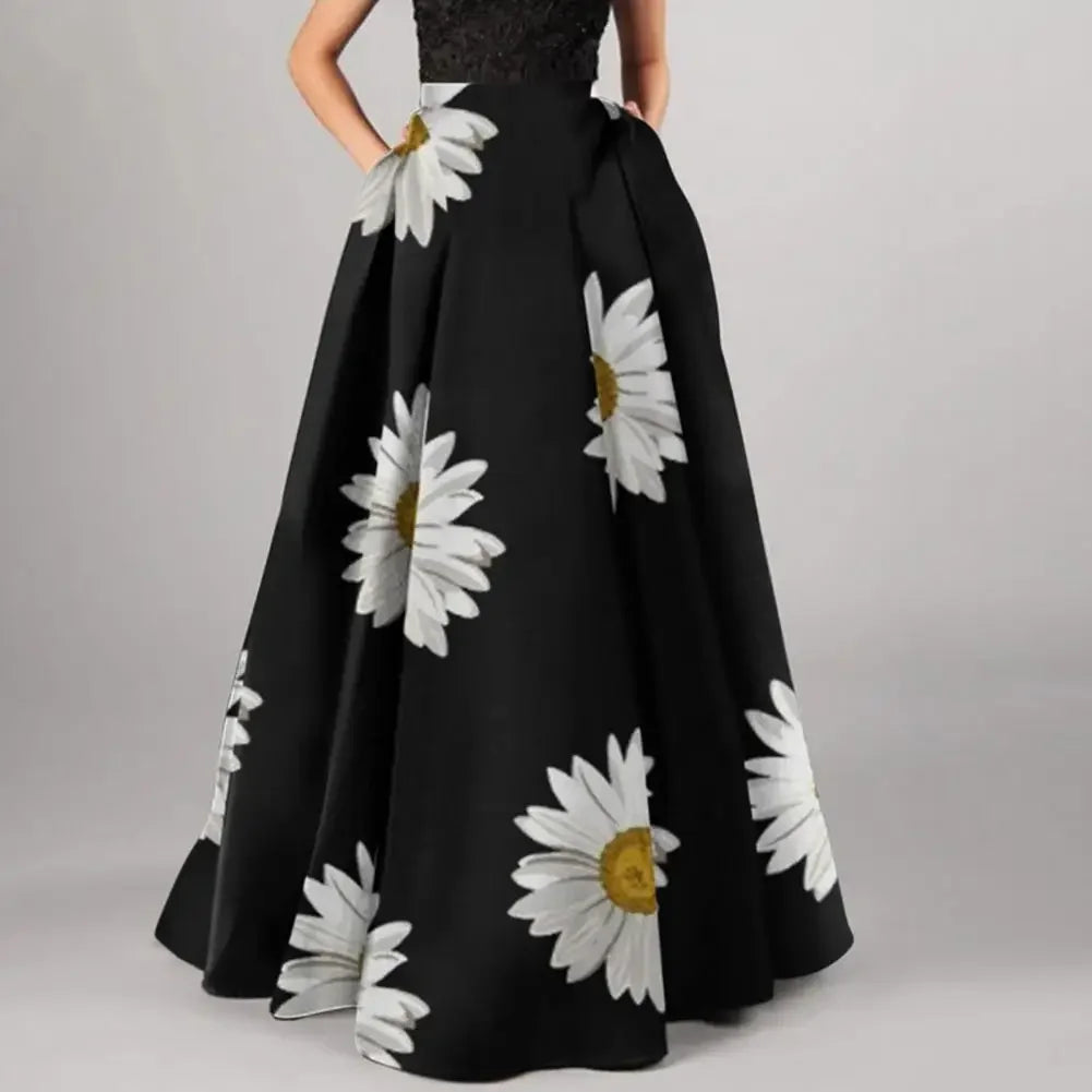 Women High-waisted Long Skirt Flower Printed Skirt for Women Elegant A-line Big Swing Zipper Bohemian Party Prom Maxi Skirt