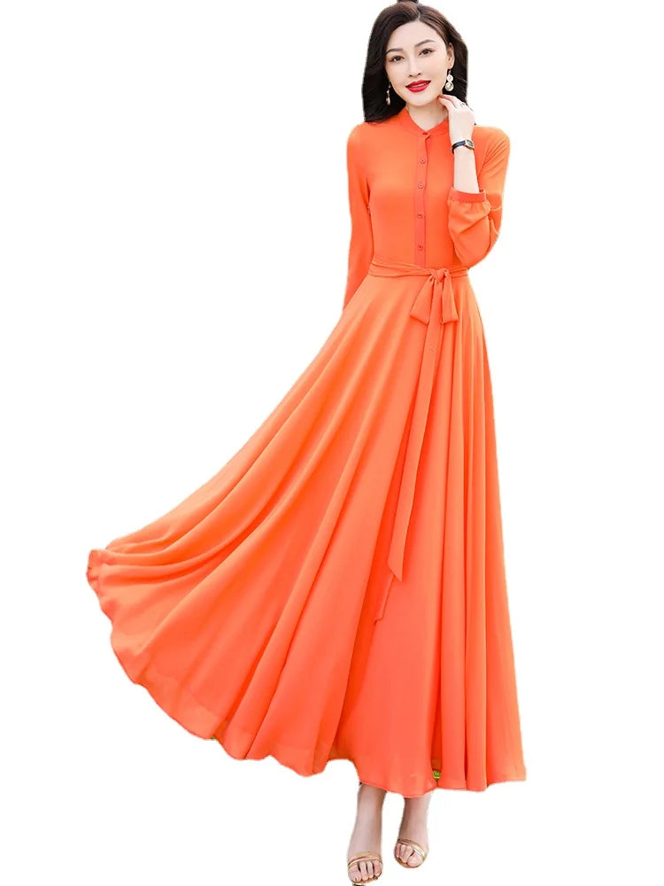 SD30 New High Quality Women's Summer  Orange Long Sleeve Chiffon  Maxi dress with full linning boho dress  dresses  women dress