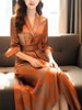 Autumn New Fashion Print Silk Satin Dress Elegant Women's Notched Long Sleeves High Waist Celebrity Party Dresses With Belt 227P