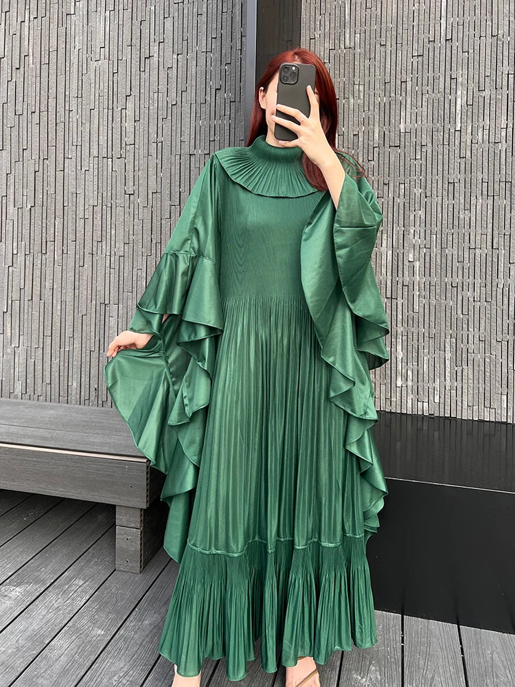 Miyake Pleated Spring Women's Long Irregular Dress Loose and Slim Solid Color Heavy Work Pleated Western Style Women's Dress