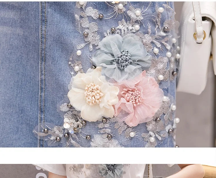 Summer Retro Ripped Hole Embroidered Denim Skirt Female Loose High Waist Three-Dimensional Flower Bag Hip Mid Skirt Women 2023