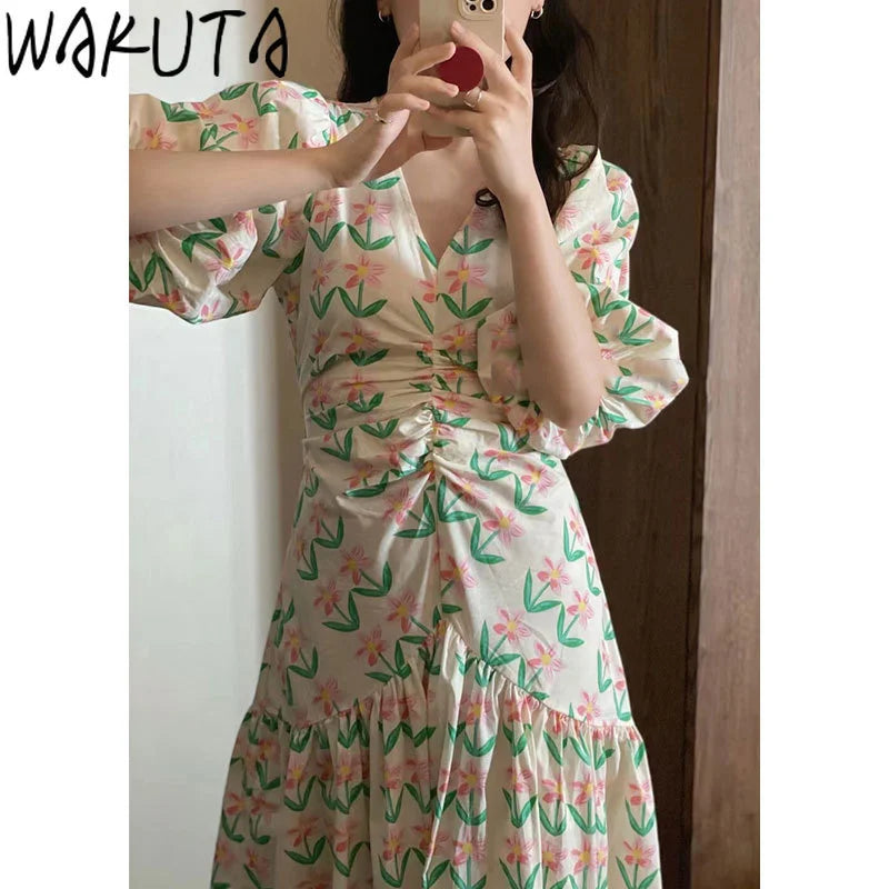 WAKUTA Lantern Short Sleeve Slim Maxi Dress Women Summer 2024 Floral Clothing Korean Style Sweet Elegant Shirring Slim Dresses