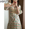 WAKUTA Lantern Short Sleeve Slim Maxi Dress Women Summer 2024 Floral Clothing Korean Style Sweet Elegant Shirring Slim Dresses