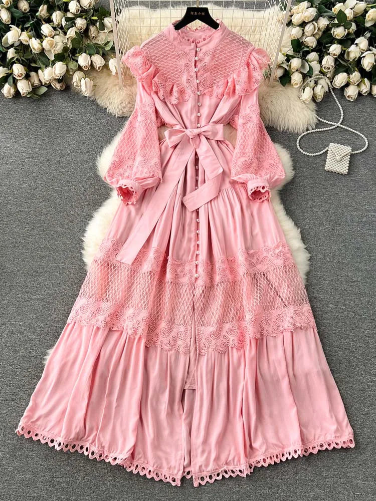 Luxury Elegant Lace patchwork Maxi dress for women 2024 Collection Solid Lantern sashes sleeve Long shirt dresses Summer 4D019