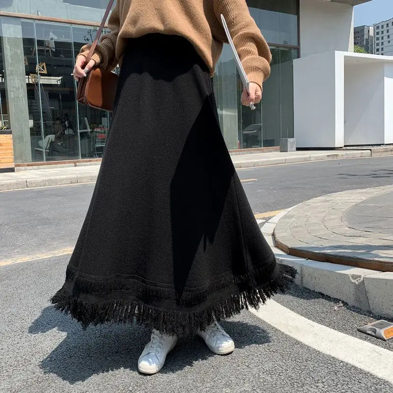 Elegant Tassel Knitted Skirts Midi Length for Women Autumn Winter Warm Thicken A Line Skirt Female Solid High Waist Cozy Skorts