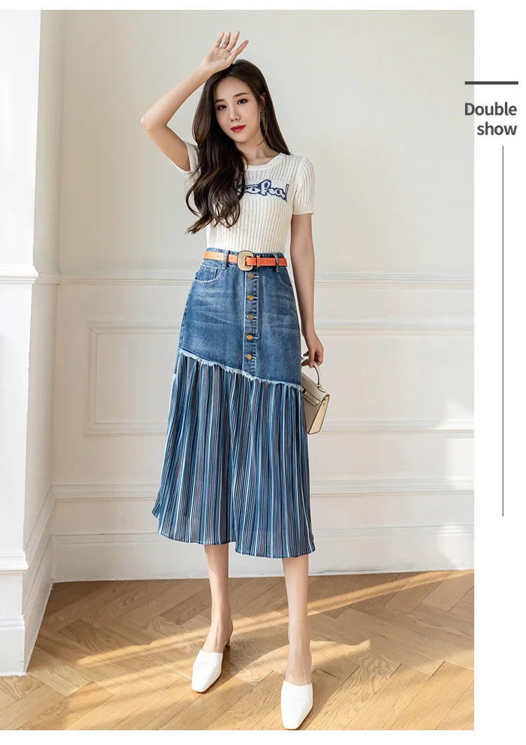 JXMYY 2024 Spring And Autumn Fashion New Large Size High Waist All-Match Women's Denim Skirt Stitching Midi Skirt