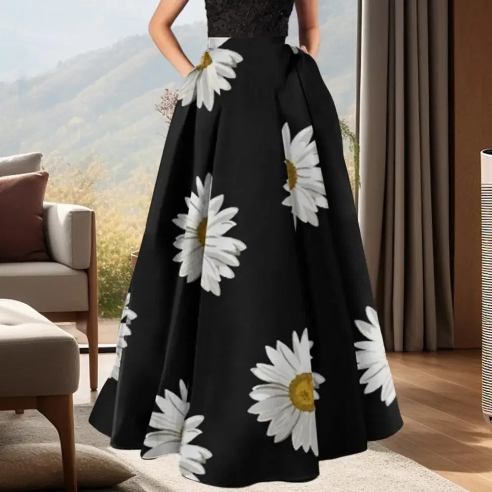 Women High-waisted Long Skirt Flower Printed Skirt for Women Elegant A-line Big Swing Zipper Bohemian Party Prom Maxi Skirt