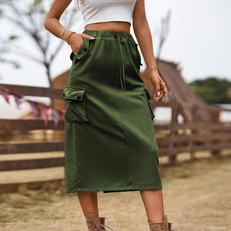 Denim Midi Skirts Women Cargo Hipster Vintage Loose Hot Girls Fashion Half Dress With Pockets Streetwear Back-slit Drawstring