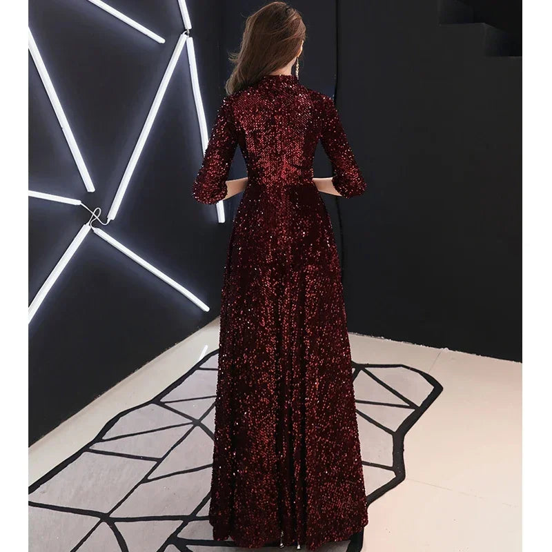 It's YiiYa Evening Dress Dark Wine Red Sequins Plus Size Three Quarter Sleeve Women Party Formal Gown vestidos de fiesta LF081