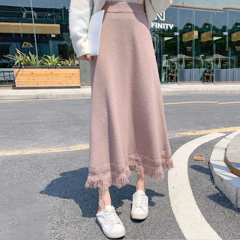 Elegant Tassel Knitted Skirts Midi Length for Women Autumn Winter Warm Thicken A Line Skirt Female Solid High Waist Cozy Skorts