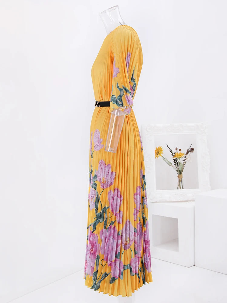 Floral Print Pleated Fashion Dress Women Round Neck Belt Loose Long Dresses