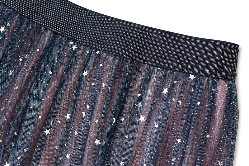 Sweet Embroidered Pleate Tulle Skirt 2024 New Women Spring Summer A-Line Long Skirts High Waist Sequined Planets Mesh Maxi Skirt