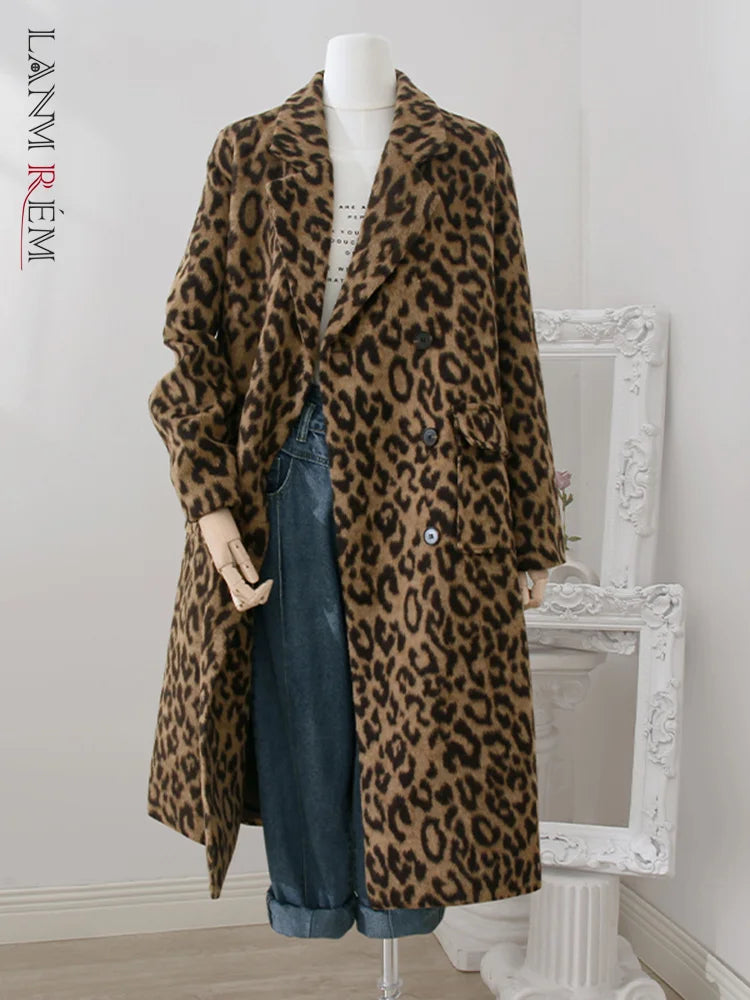 LANMREM 2024 Leopard Print Medium Length Woolen Coat For Women Winter Warm Wear Niche Design Loose Clothing Streetwear 32A391