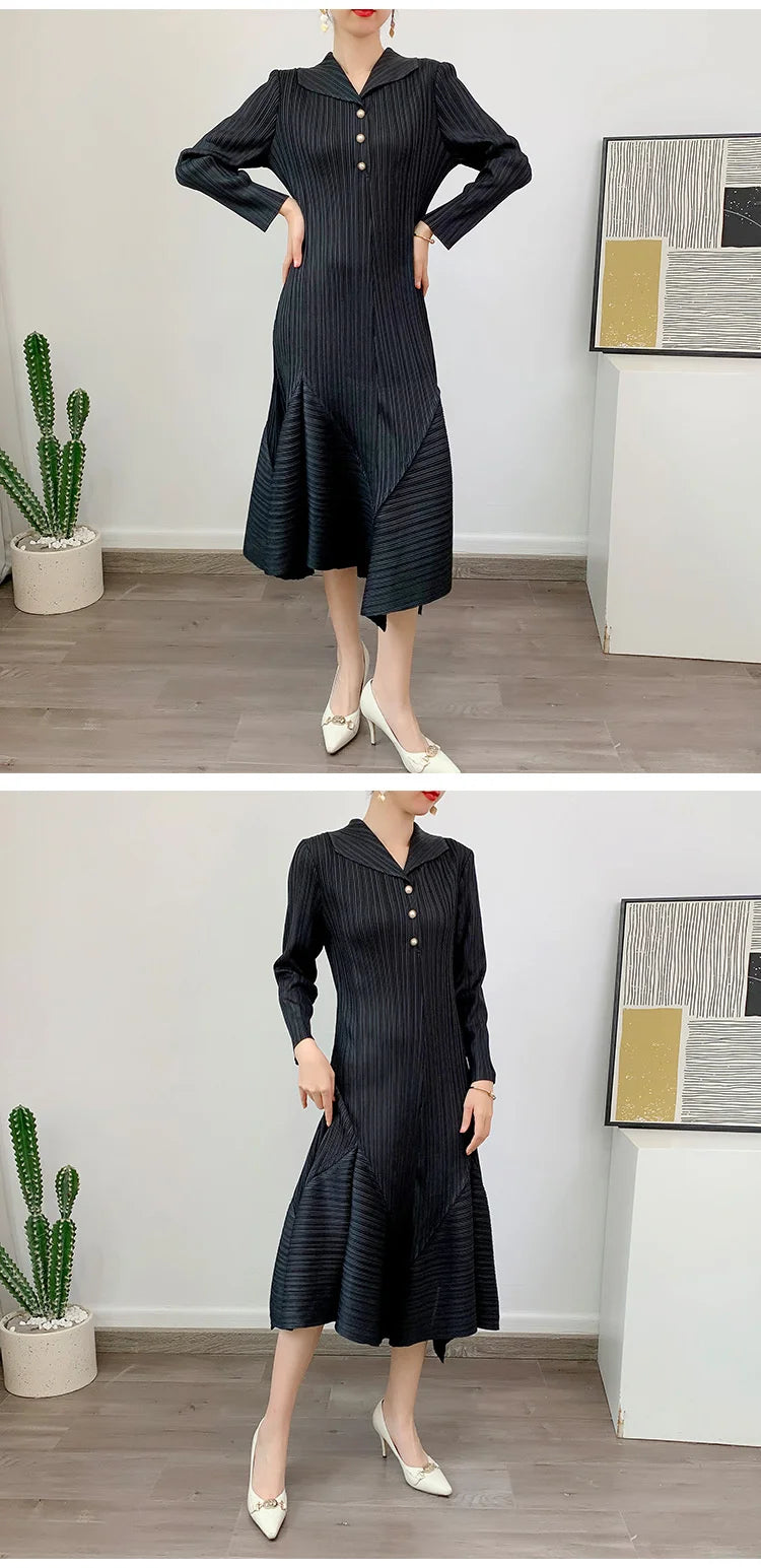 Lapel Pleated Dress For Women Long Sleeves Single Braested A-line Dresses Spliced