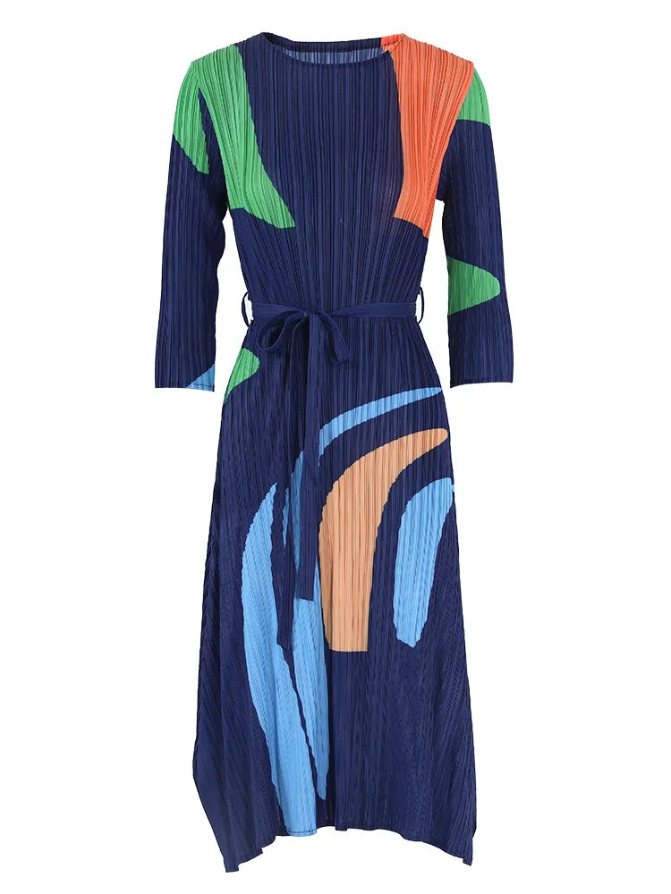 LANMREM Casual Colorful Striped Printed Pleated Dress Women Fashion Contrast Color Belt Dresses 2024 Summer New Clothing 2DA1019