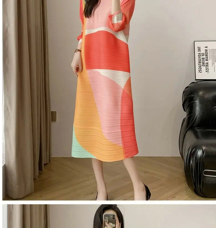 Mid length pleated dress, summer age reduction, oversized, stylish, loose printed, slimming women's dress