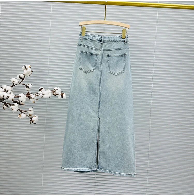 A- Line Embroidered Denim Skirt Women's 2024 Spring and Summer New High Waist All-Matching Split Rhinestone Midi Skirt