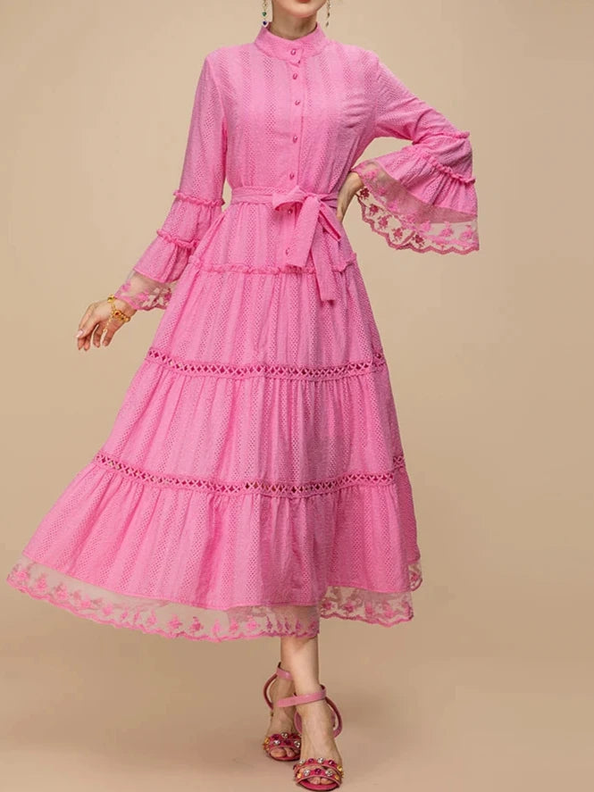 Dress Women stand collar Flare Sleeve Belted Pink  Midi Dresses