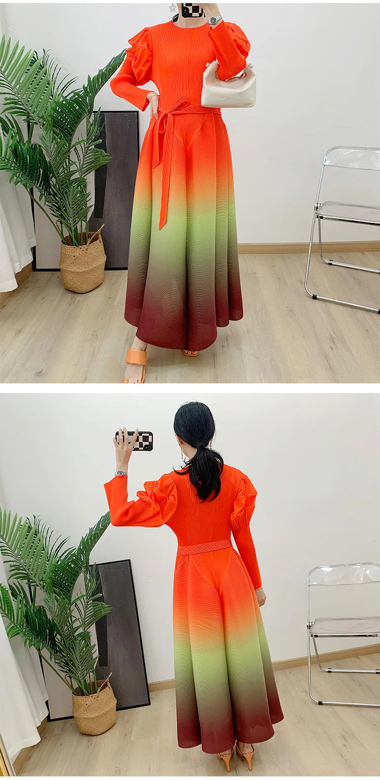 Gradient Pleated Dress For Women Long Sleeves Lantern Style Maxi Dresses 2024 Spring New Female Elegant Clothing 2DA4145