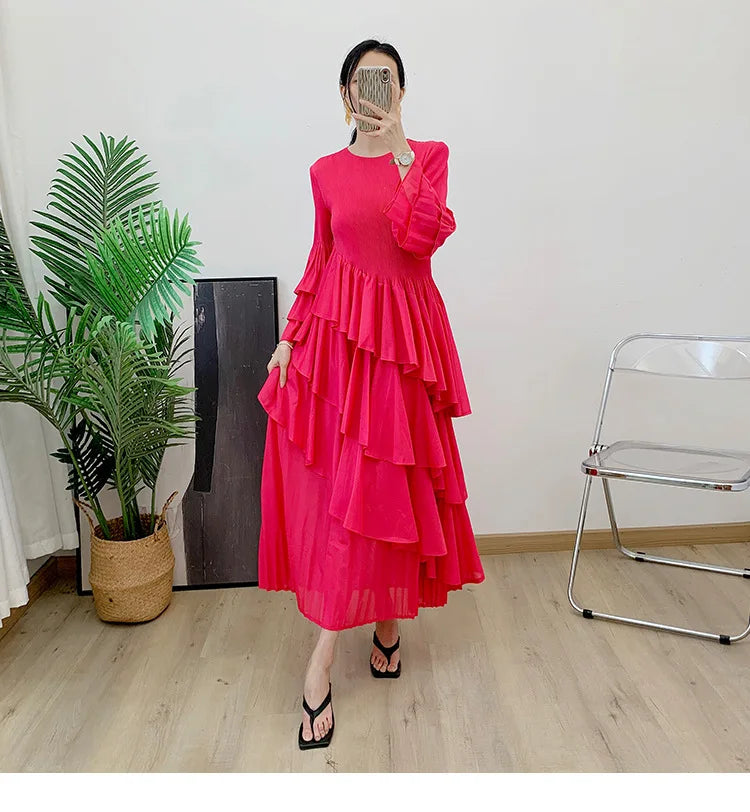 Miyake Spring 2024 Ruffles Pleated Dress Women Long Sleeves Fashion Solid Color High Waist Stitching Dresses Party Clothing New