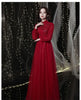 Wine Red Dress Women Spring Autumn New Solid Color Stand Collar Applique Sequins Long Sleeve A-line Skirt Female Clothing M271