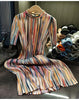 Miyake Colorful Striped Half-high Neck Short-sleeved Pleated Dress Loose Thin A-line Dress Women 2023 New Clothing