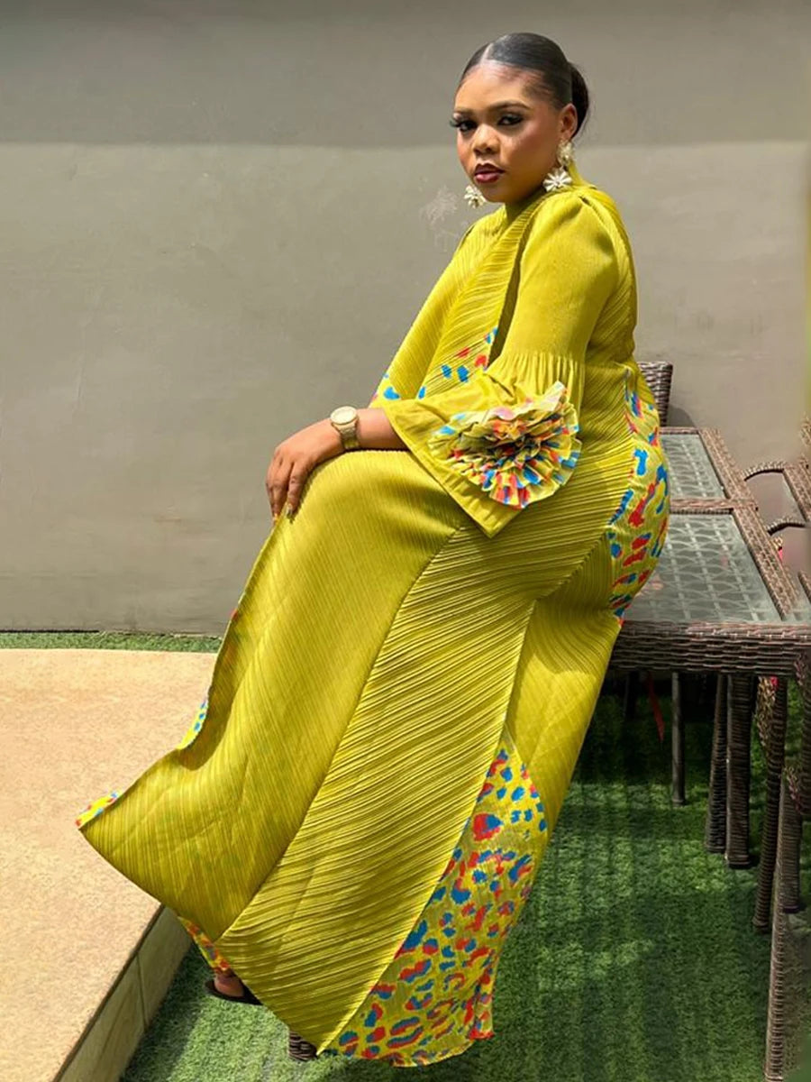 ANLAN Pleated Maxi Long Miyake Dress Color Block Full-sleeved Hand-flowered Fashion Printed Dresses for Women 2024 New 9YK7603