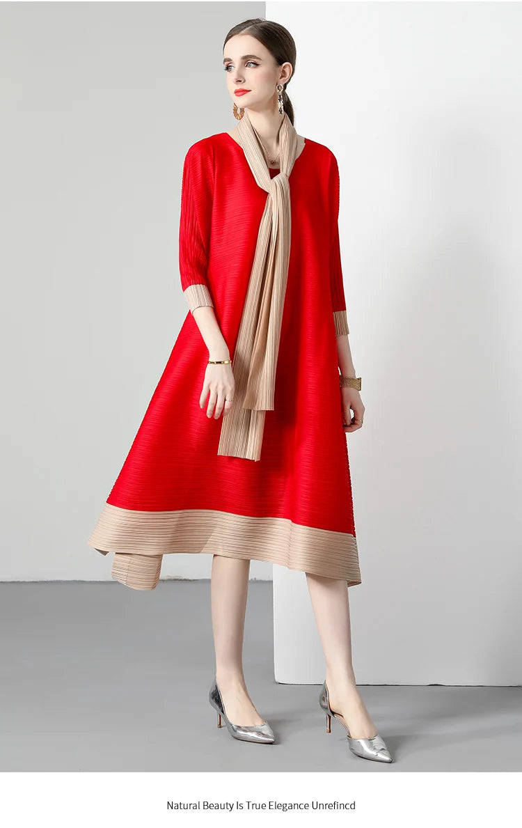 Miyake Pleated Women's Round Neck Oversized Skirt Horizontal Pleated Loose Elegant Knit Dress with Scarf Commuter OL style