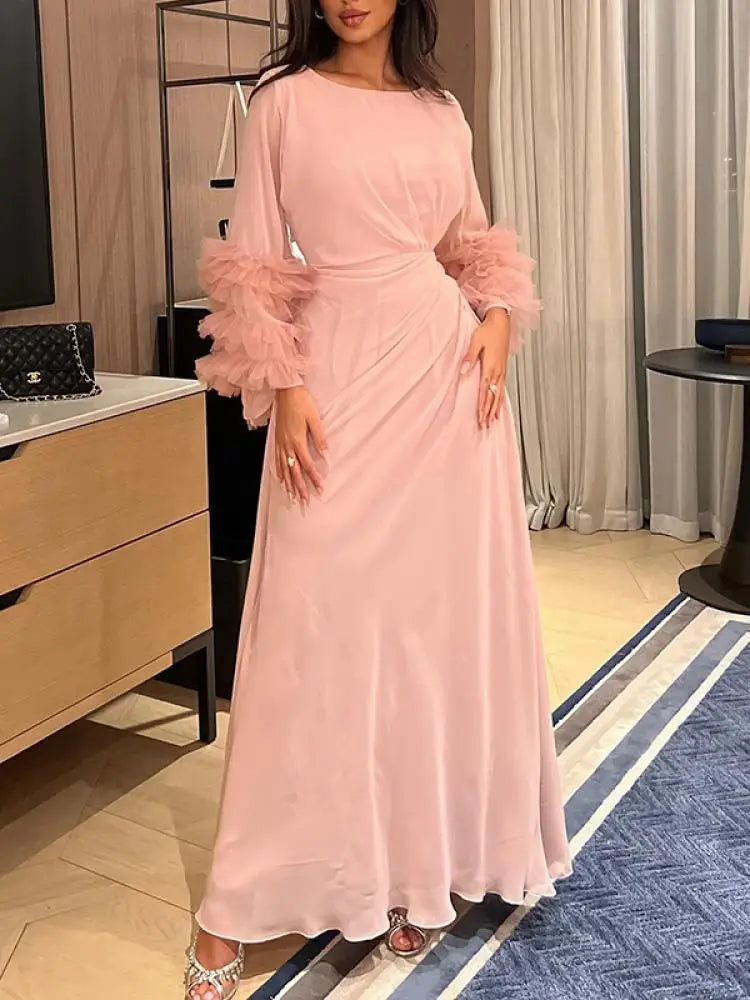 Yeezzi Women Dress 2024 New Spring Summer Fashion Elegant Solid Color Flared Sleeves Pleated Waist Party Evening Maxi Dresses