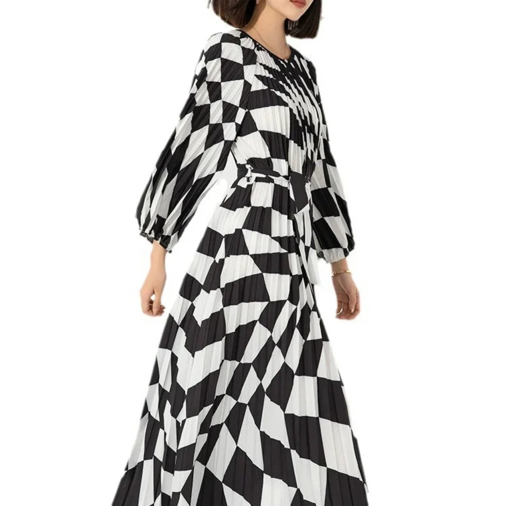 Pleated Maxi Long Dress Fashion Printed Long Sleeved O-Neck Pullover Waist Retraction Dresses for Women