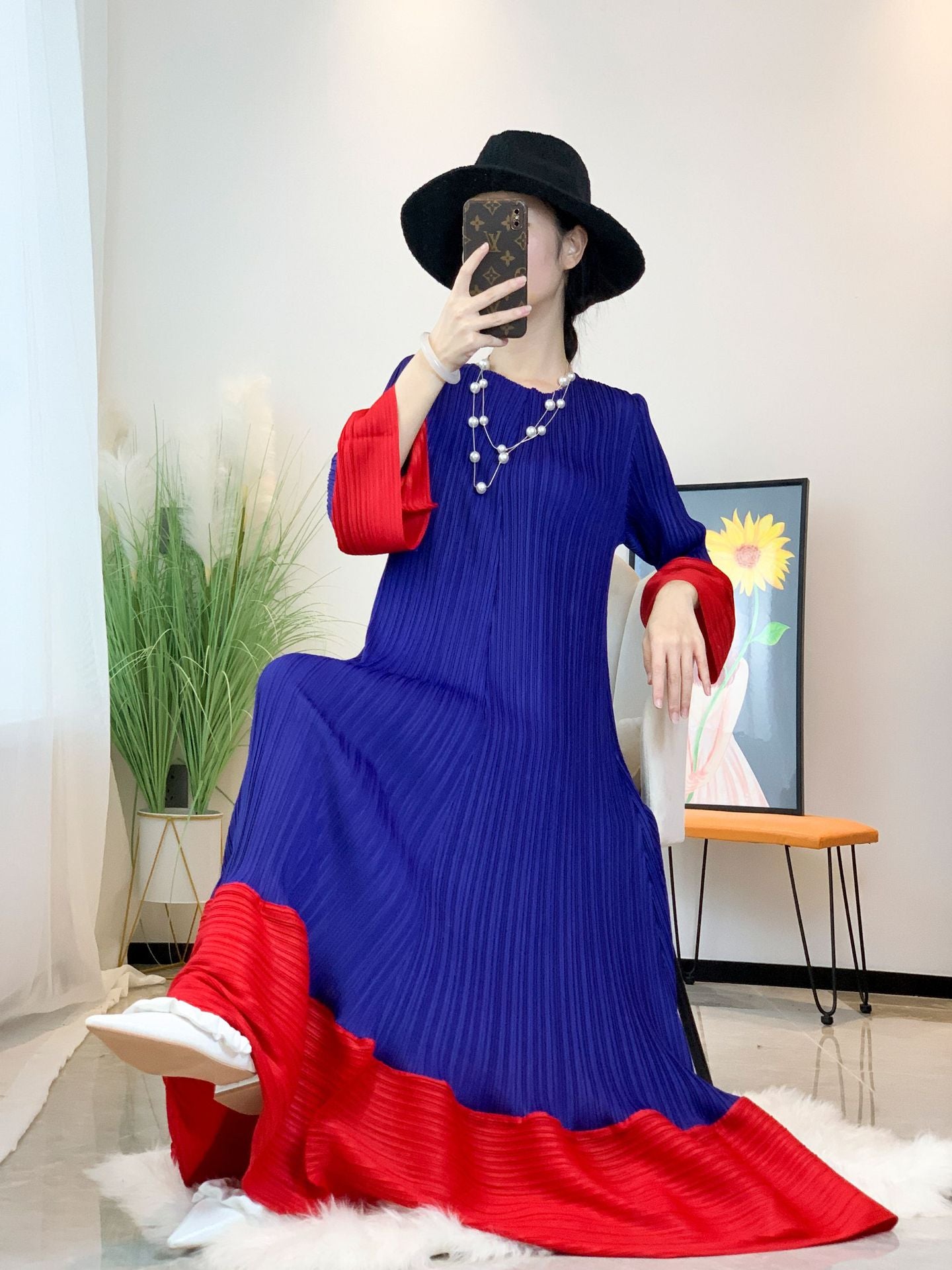 Miyake Pleated Relaxed Round Neck Long Sleeve Dress Feminine Fashion Long Party Dress