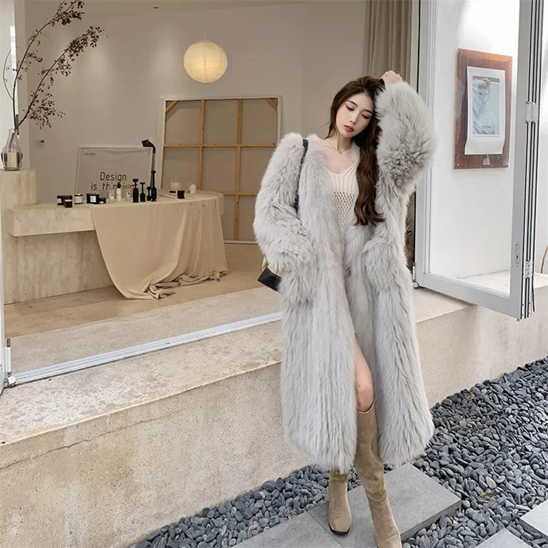 2023 Winter New Temperament  Environmental Protection Imitation Fox Fur Long Fur Outwear Women Warm Long Sleeve Mao Mao Coat Lady