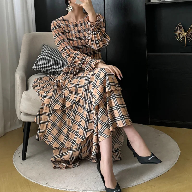 Miyake Plaid Print Dress Women's Spring and Summe  2024 New Loose Fashion Pleated Skirt Pressed Pleated A-line Foreign Dresses