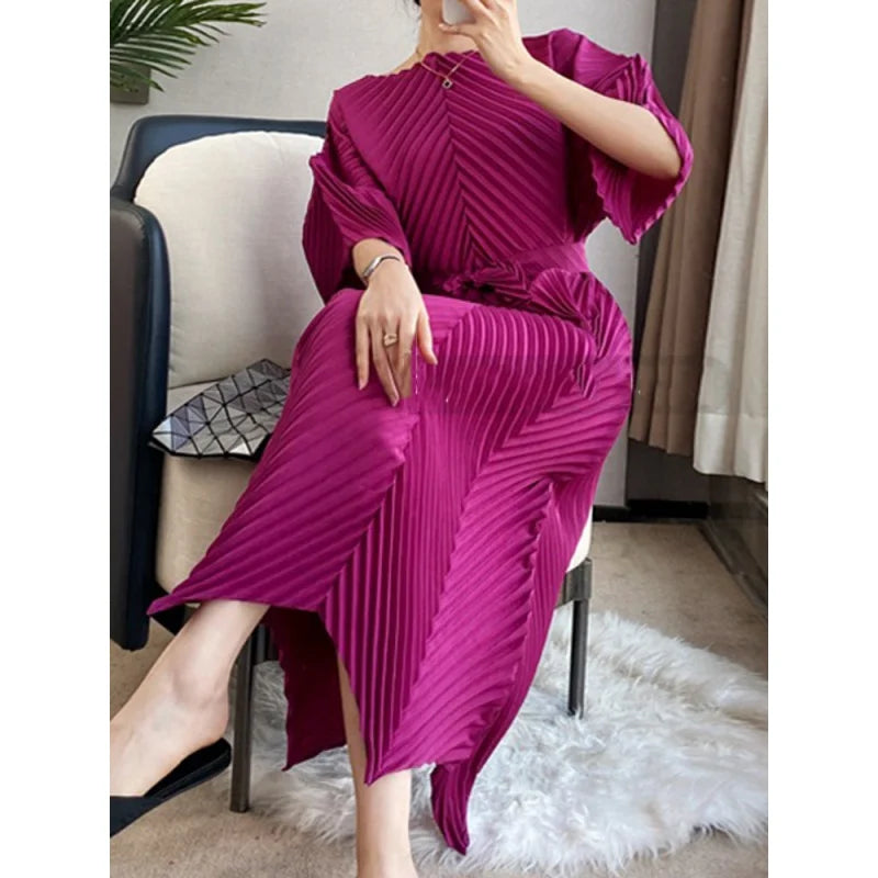 Miyake Lace-up Pleated Dress Women Round Collar Half Sleeve 2023 Spring New Female Solid Color Irregular Fashion Clothing