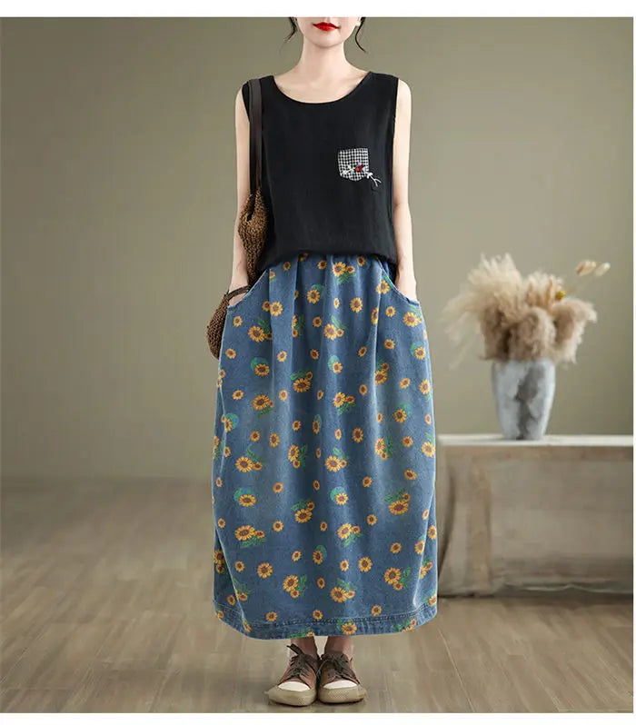 Retro Floral Denim Skirt For Women Autumn 2024 Fashon Printed Elastic Waist Slimming Versatile Bud Skirt Midi Jeans Saias K2229