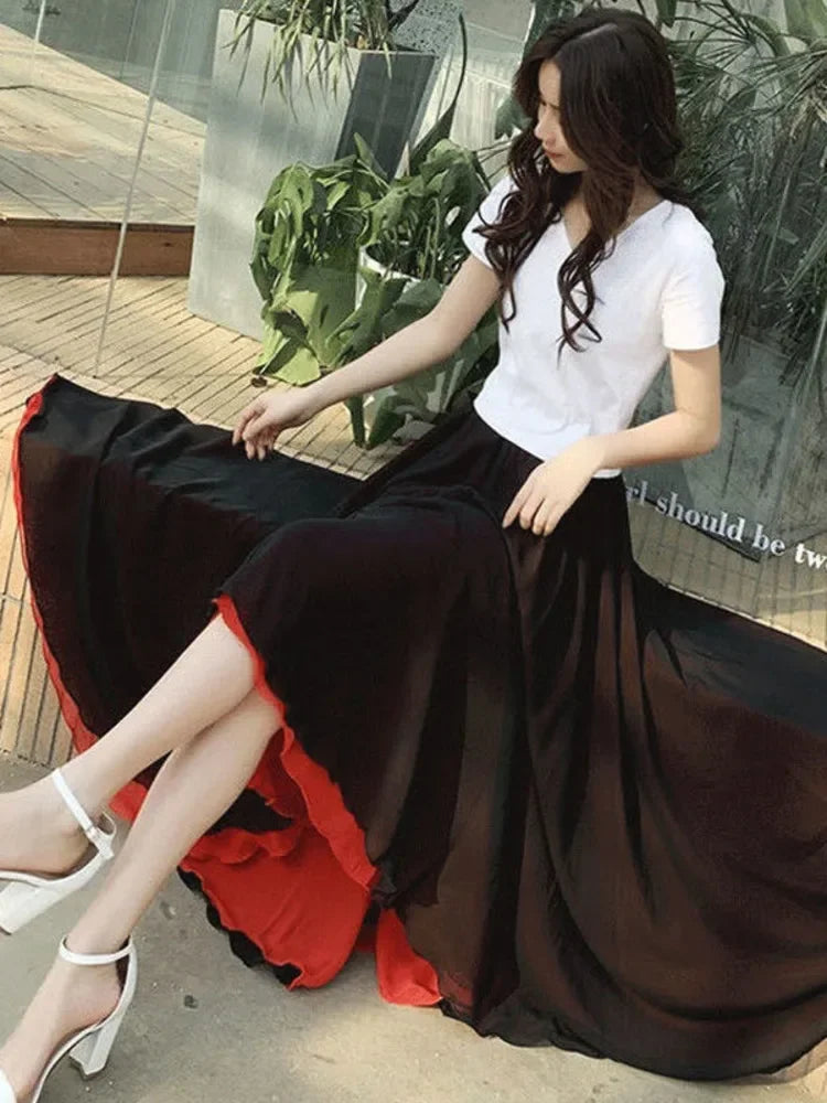 Women Chiffon Long Skirt A-Line Skirts Women Elastic High Waist Maxi Skirts Elegant Solid Skirts