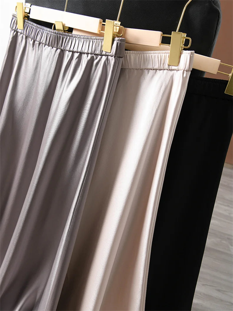 2024 Summer Elegant Ladies Club Maxi Skirt Korean Style Elastic Waist Satin Silk Skirts for Womans Plus Size Solid Skirt 6XL 7XL