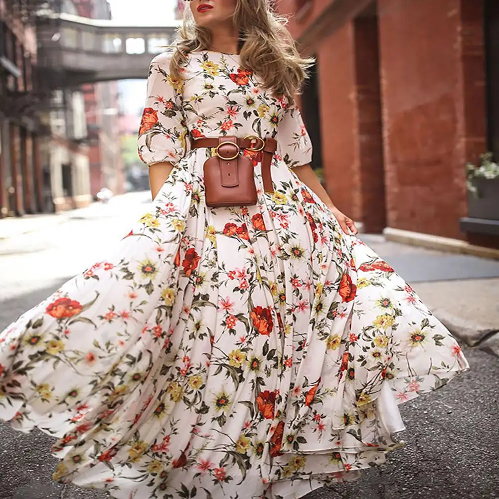 Women Printed Chiffon Dress Spring Autumn Dress Flower Print Maxi Dress A-line High Waist Half Sleeve Soft Breathable for Women