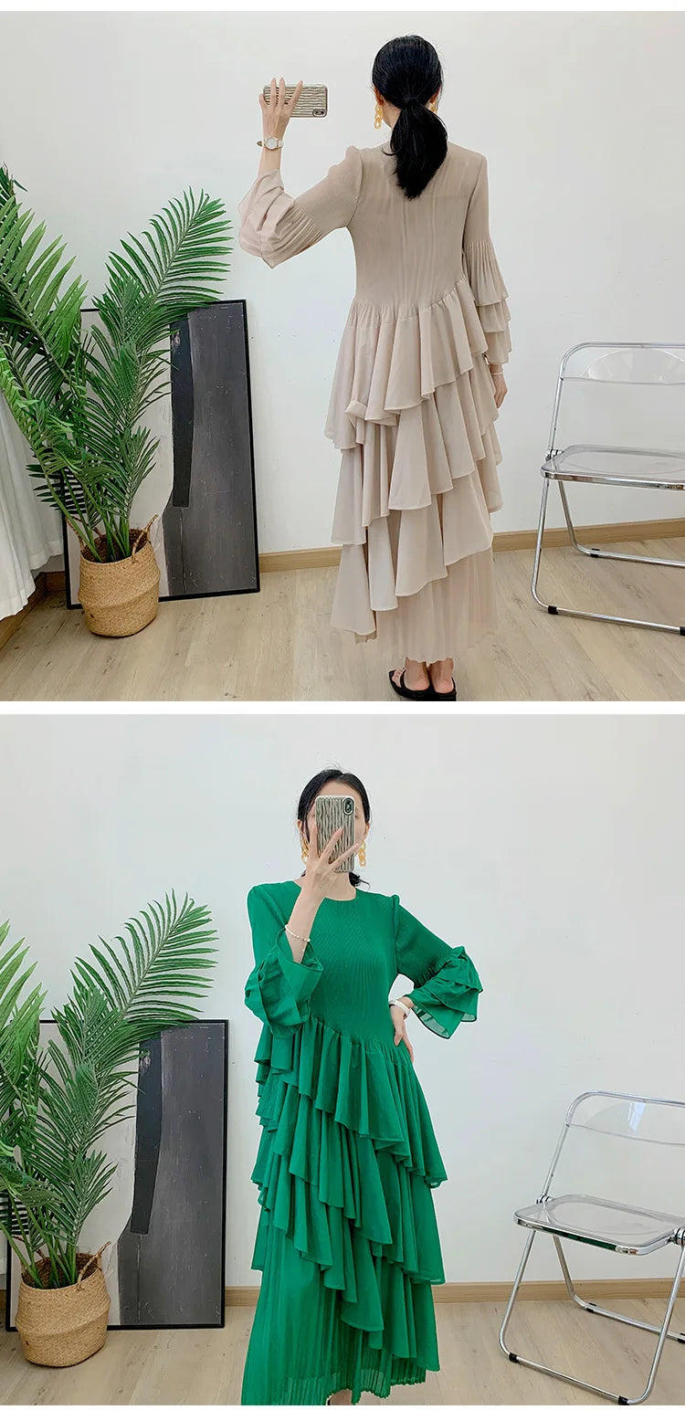 Miyake Spring 2024 Ruffles Pleated Dress Women Long Sleeves Fashion Solid Color High Waist Stitching Dresses Party Clothing New