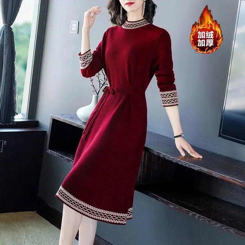 2024 New Year Red Fleece Lace Up Elegant Party Dresses for Women Winter Fashion Patchwork Long Sleeve Midi Dress Slim Vestidos