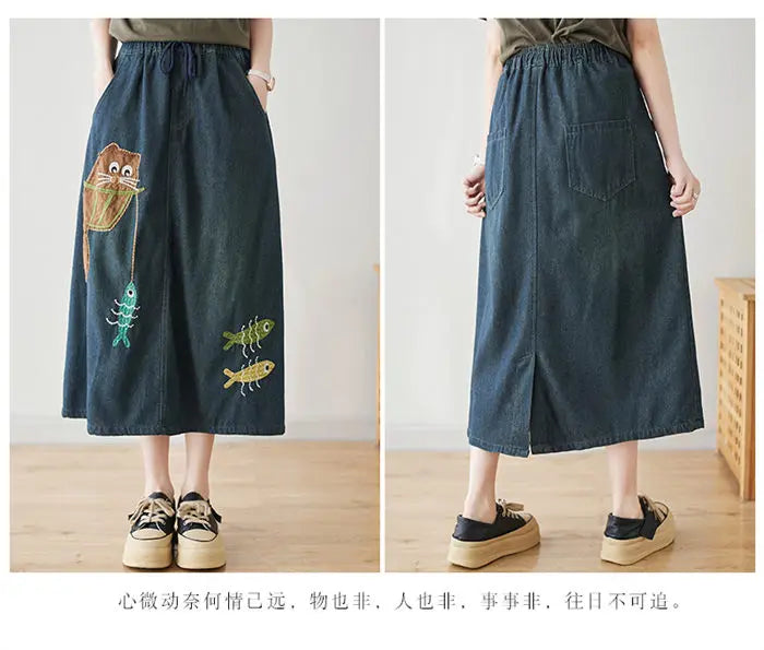 Versatile Retro Art Embroidery Denim Skirt 2024 Spring Summer Versatile Loose Casual A-Line Skirt For Women Jeans Saias K617