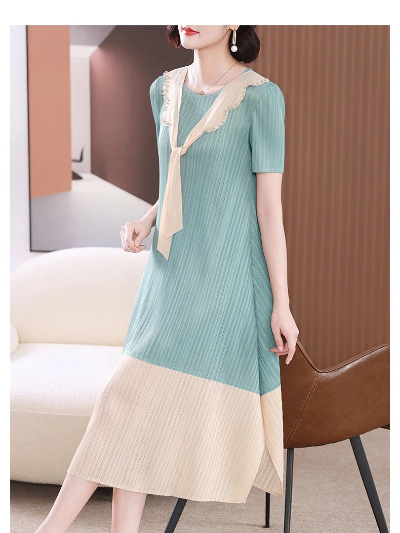 Miyake Pleated Dress Women 2024 Summer Style Splicing Color-blocking Beads Loose V-neck Short-sleeved Elegant A-line Long Skirt