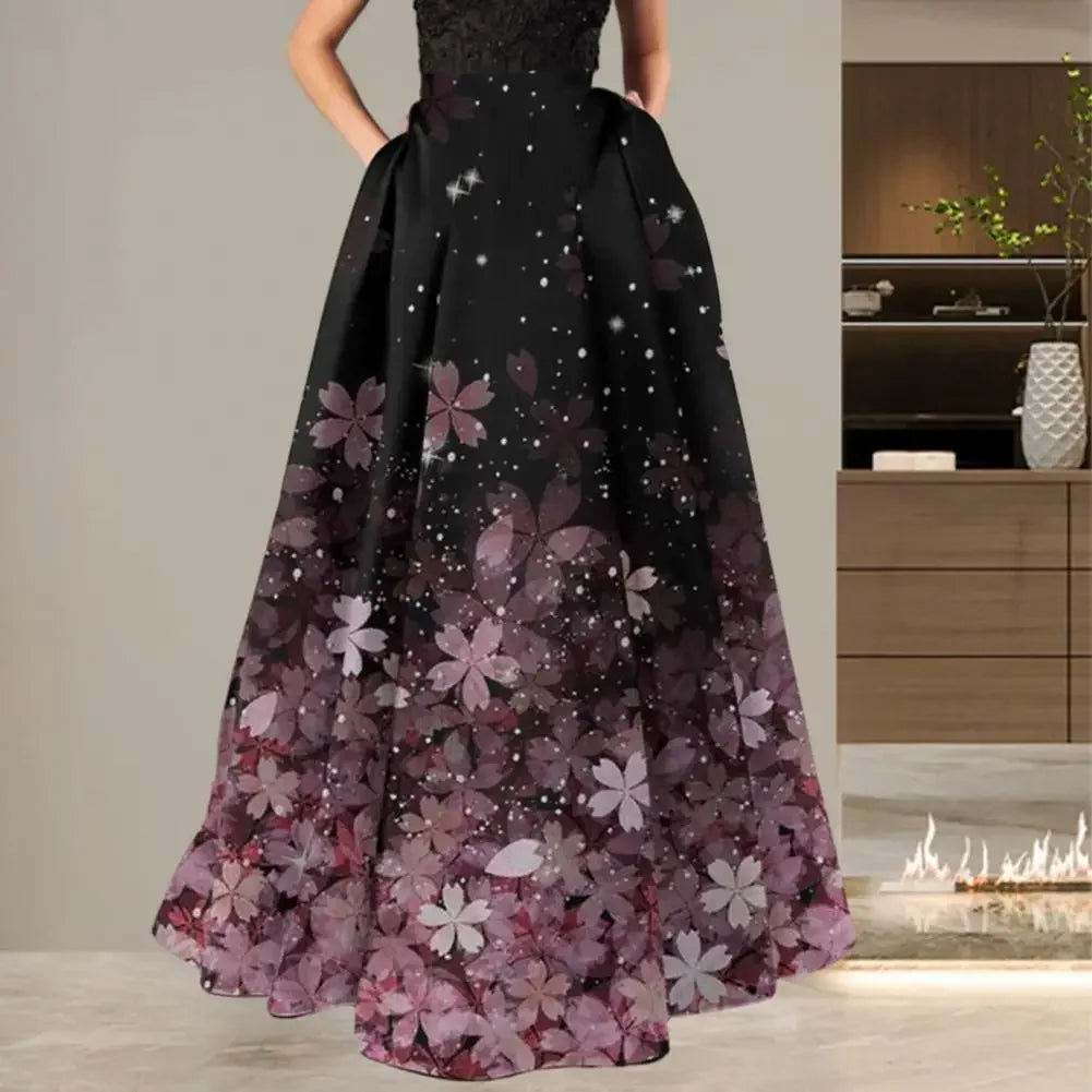 Women High-waisted Long Skirt Flower Printed Skirt for Women Elegant A-line Big Swing Zipper Bohemian Party Prom Maxi Skirt