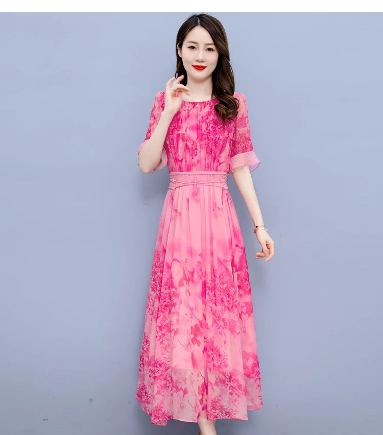 Pink Floral Chiffon Casual Boho Beach Dress Women Chic Butterfly Sleeve Prom Maxi Dress Summer Korean Elegant Party Vestido